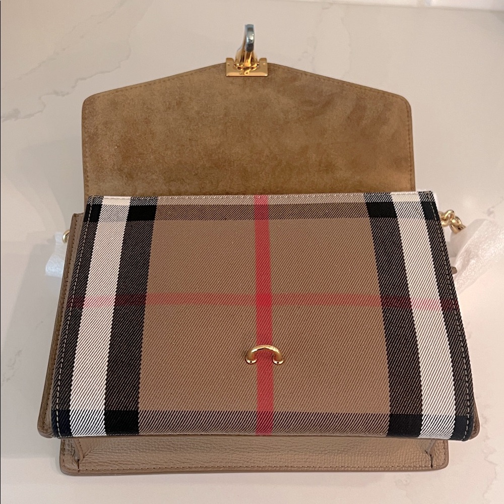 NWT Burberry Macken Leather and House Check Crossbody Bag Small Camel | Tan - Picture 15 of 16